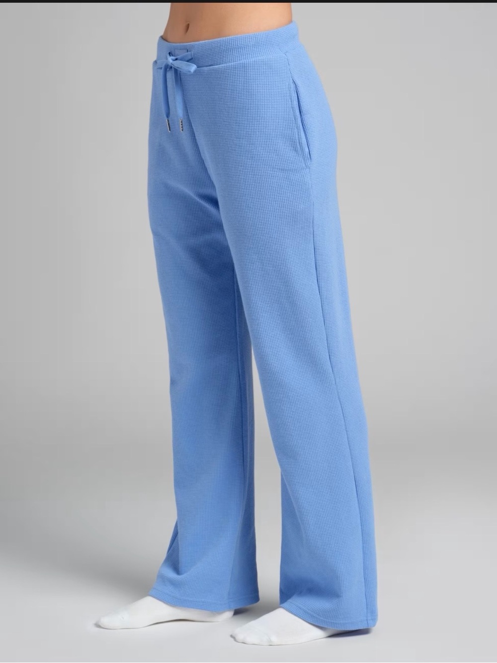 Light Blue Waffle-Knit Drawstring Boot Flare Pants
